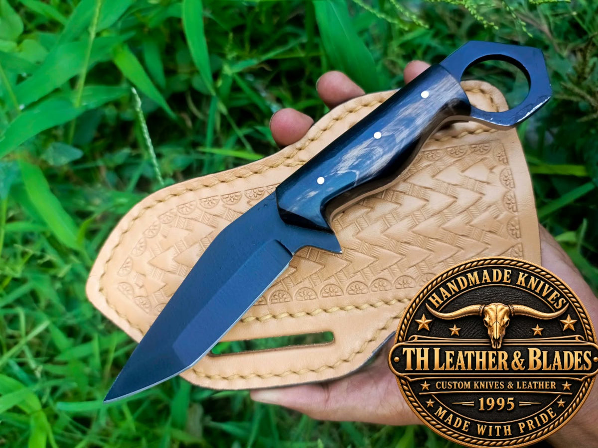 custom Handmade Tactical Karambit Knife with Finger Ring & Leather Sheath | Black Fixed Blade Knife with Buffalo Horn Handle | EDC Self Defense Knife*