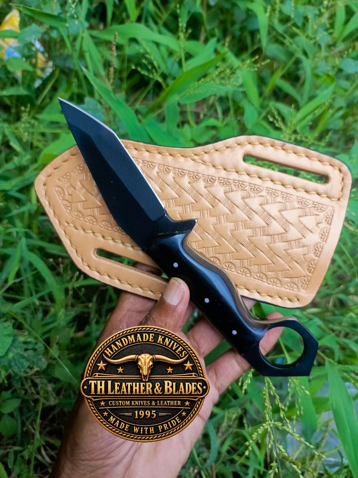 custom Handmade Tactical Karambit Knife with Finger Ring & Leather Sheath | Black Fixed Blade Knife with Buffalo Horn Handle | EDC Self Defense Knife*