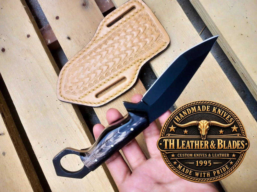 custom Handmade Tactical Karambit Knife with Finger Ring & Leather Sheath | Black Fixed Blade Knife with Buffalo Horn Handle | EDC Self Defense Knife*