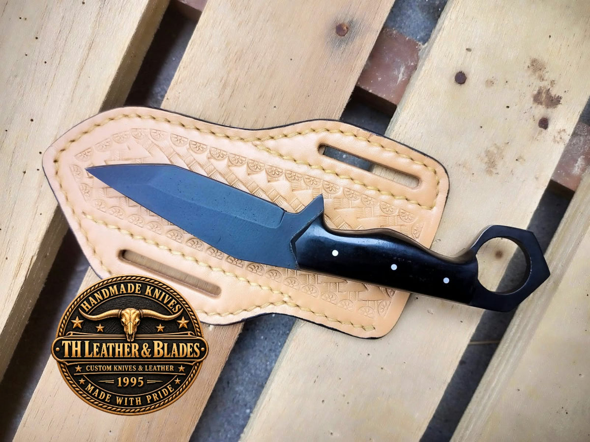 custom Handmade Tactical Karambit Knife with Finger Ring & Leather Sheath | Black Fixed Blade Knife with Buffalo Horn Handle | EDC Self Defense Knife*