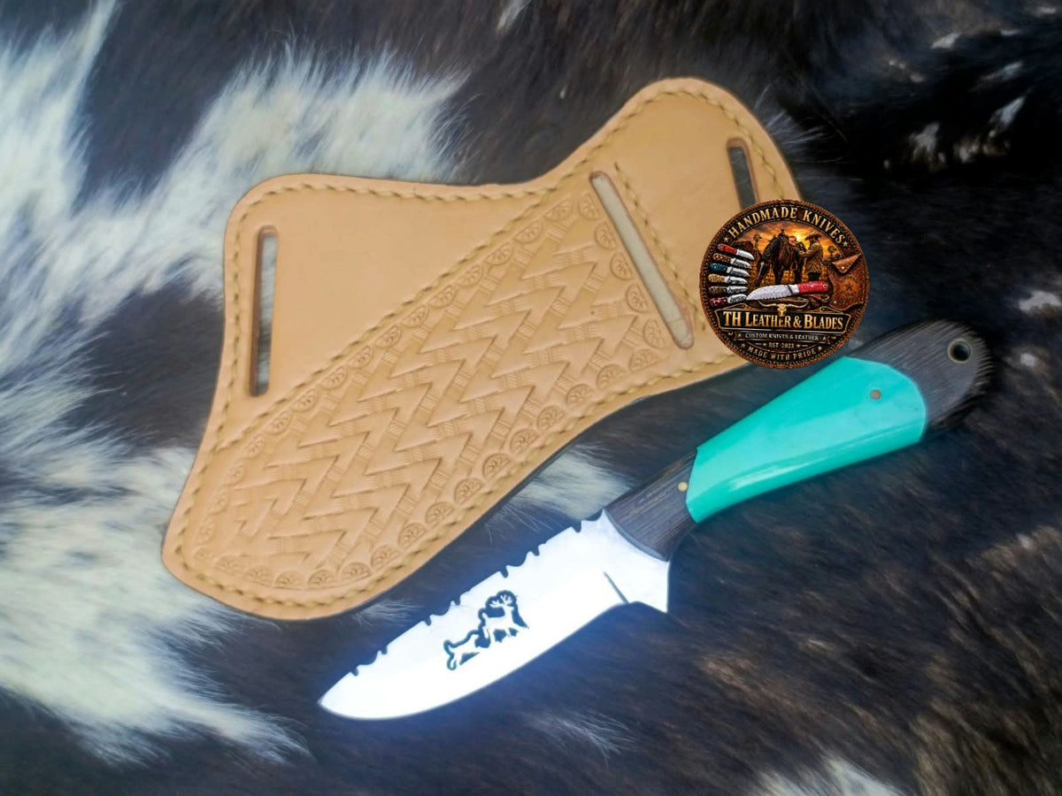 Custom Hunting Knife with Turquoise Handle + Tooled Leather Sheath |  8" Fixed Blade Gift for Hunters Cowboy birthday