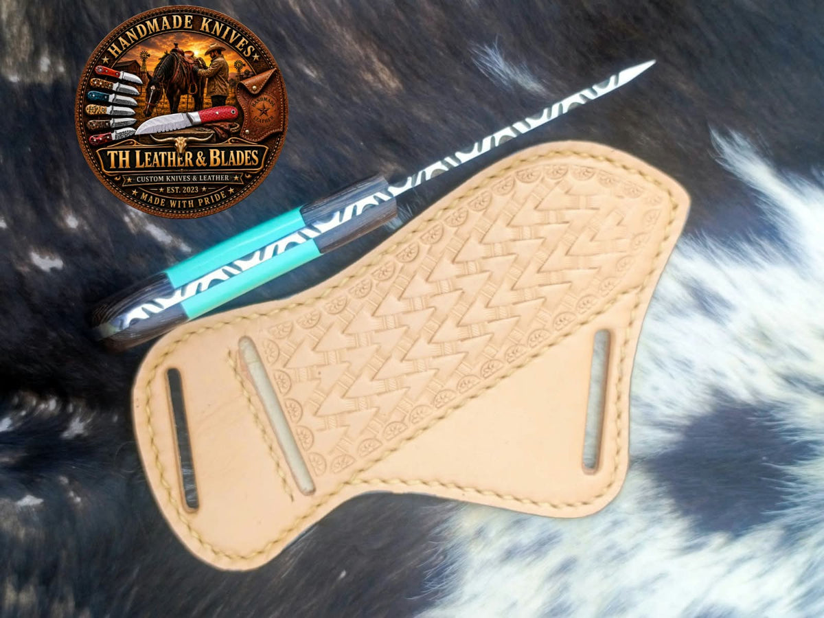 Custom Hunting Knife with Turquoise Handle + Tooled Leather Sheath |  8" Fixed Blade Gift for Hunters Cowboy birthday