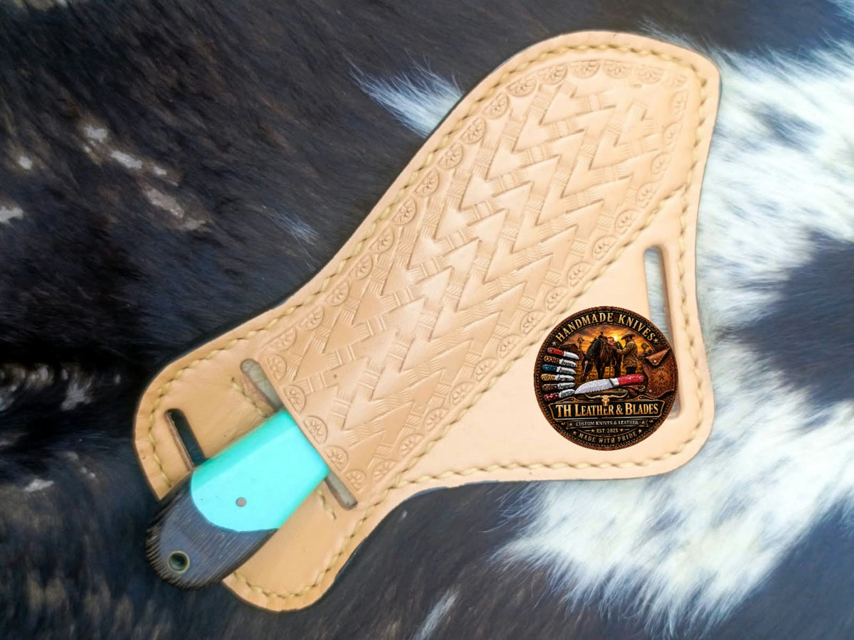 Custom Hunting Knife with Turquoise Handle + Tooled Leather Sheath |  8" Fixed Blade Gift for Hunters Cowboy birthday