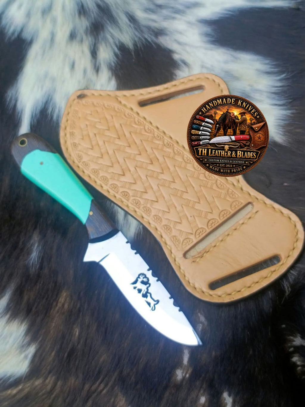 Custom Hunting Knife with Turquoise Handle + Tooled Leather Sheath |  8" Fixed Blade Gift for Hunters Cowboy birthday