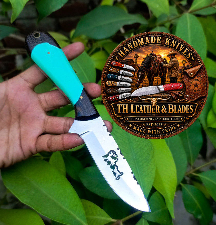 Custom Hunting Knife with Turquoise Handle + Tooled Leather Sheath |  8" Fixed Blade Gift for Hunters Cowboy birthday